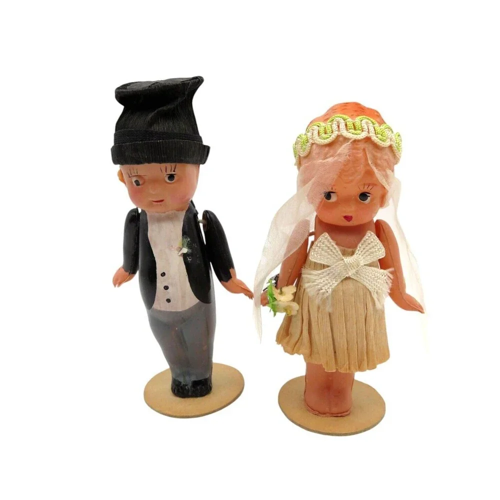 Antique Celluloid Bride and Groom Wedding Doll Couple Japan in Original Box
